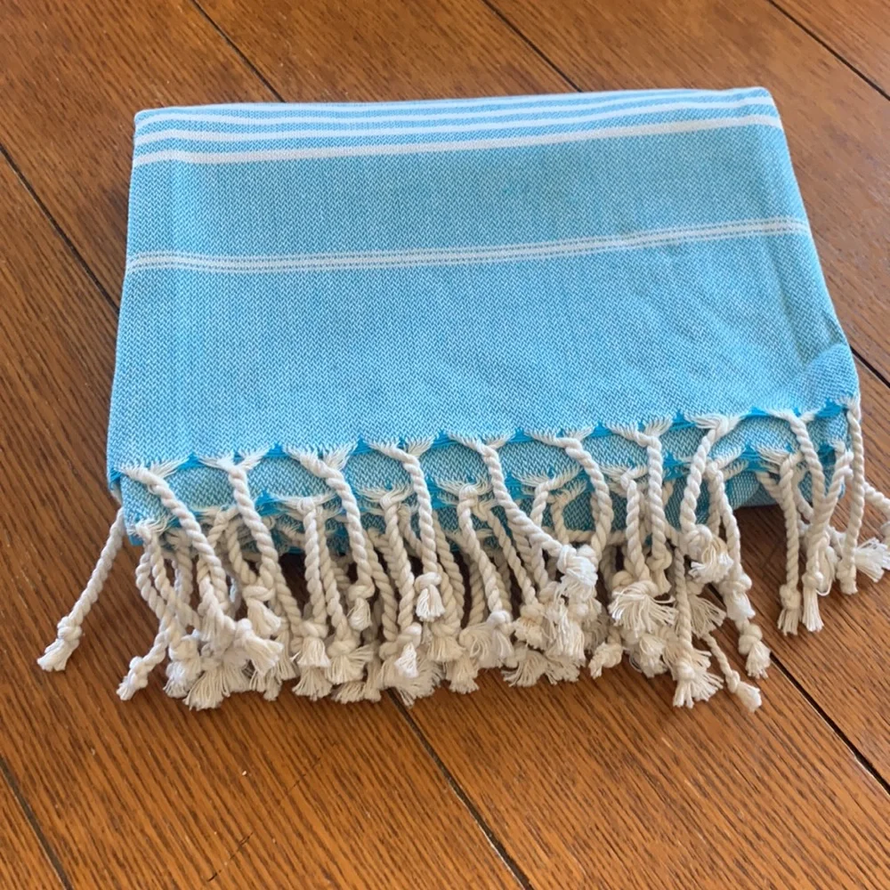 Turkish Turquoise White Striped Oversized Cotton Beach Towel Rope Fringe